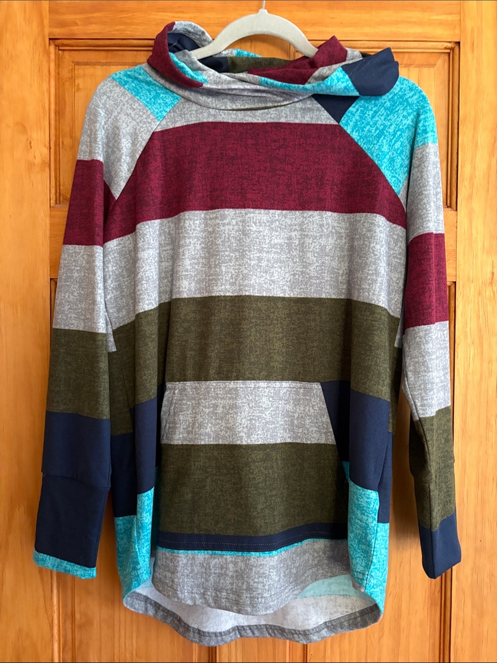 Lularoe Amber Striped Hooded Pullover in Teal, Maroon, Olive & Gray